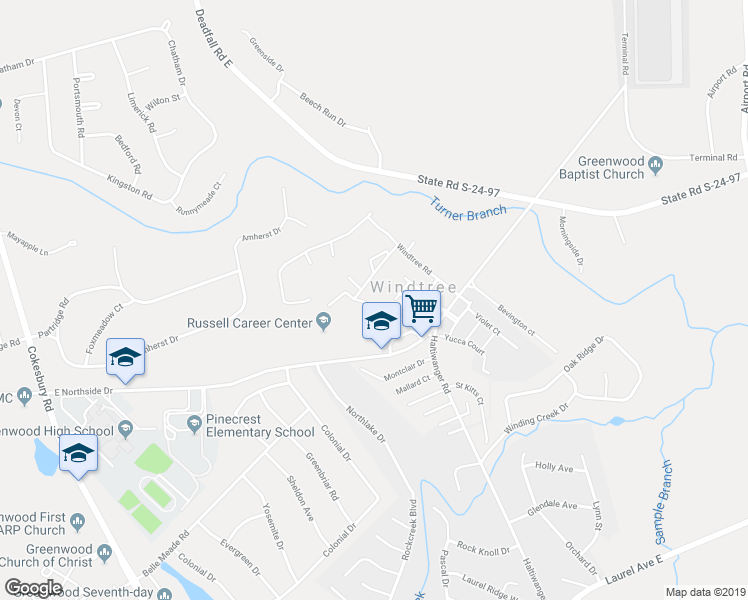 map of restaurants, bars, coffee shops, grocery stores, and more near 113 Windtree Court in Greenwood