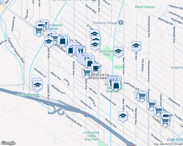 map of restaurants, bars, coffee shops, grocery stores, and more near 3629 Foothill Boulevard in Glendale