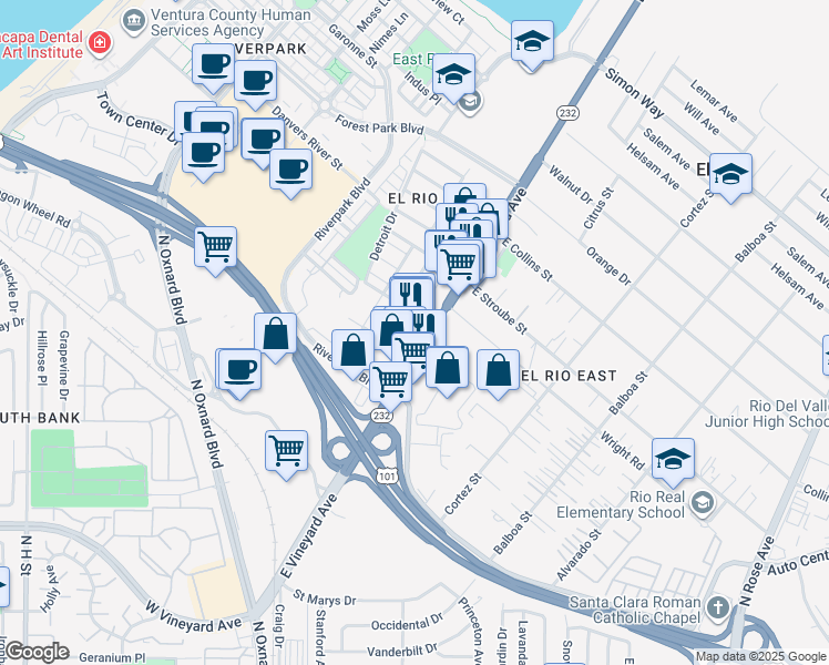 map of restaurants, bars, coffee shops, grocery stores, and more near 2703 East Vineyard Avenue in Oxnard