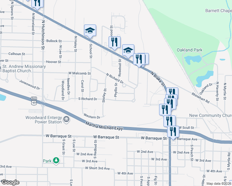 map of restaurants, bars, coffee shops, grocery stores, and more near 99 Beverly Avenue in Pine Bluff