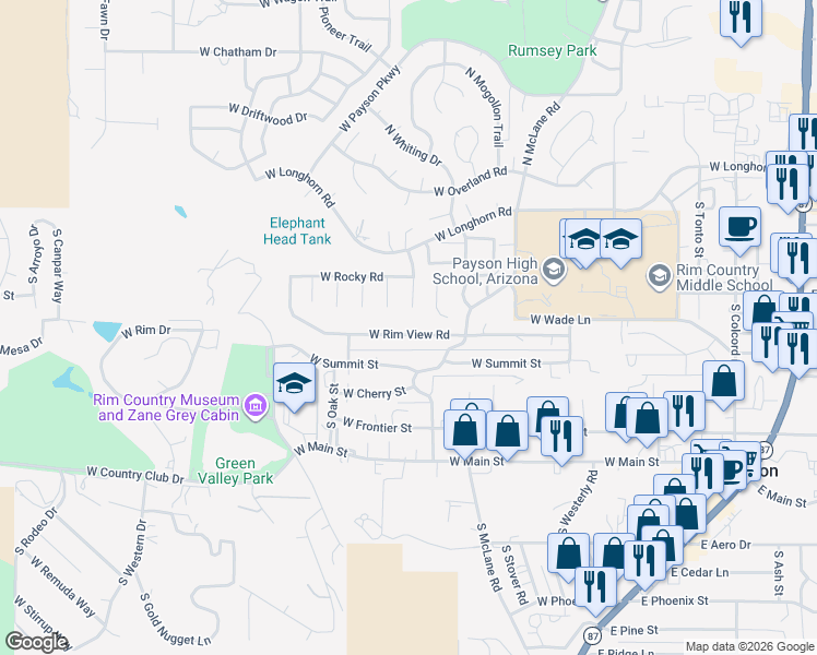 map of restaurants, bars, coffee shops, grocery stores, and more near 311 South Red Rock Point in Payson