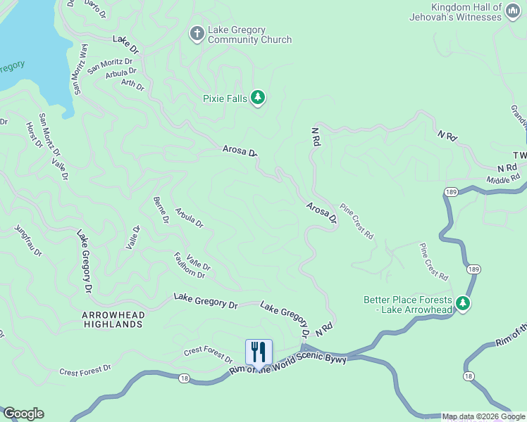 map of restaurants, bars, coffee shops, grocery stores, and more near 999 Chillon Drive in Crestline