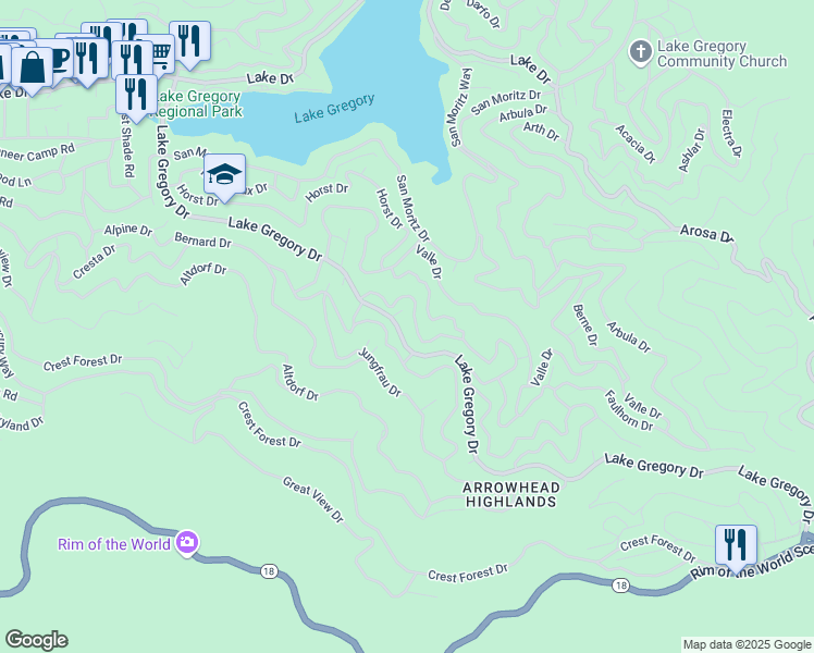 map of restaurants, bars, coffee shops, grocery stores, and more near 24571 Geneva Drive in Crestline
