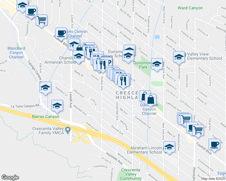 map of restaurants, bars, coffee shops, grocery stores, and more near 3721 2nd Avenue in Glendale