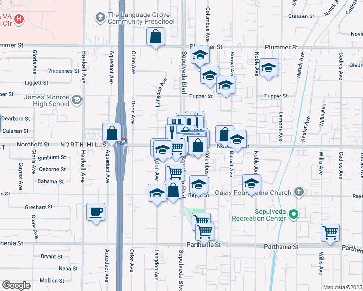 map of restaurants, bars, coffee shops, grocery stores, and more near Sepulveda Boulevard & Nordhoff Street in Los Angeles