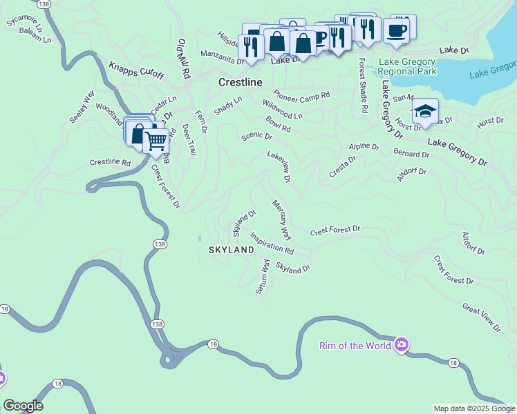 map of restaurants, bars, coffee shops, grocery stores, and more near 23740 Skyland Drive in Crestline