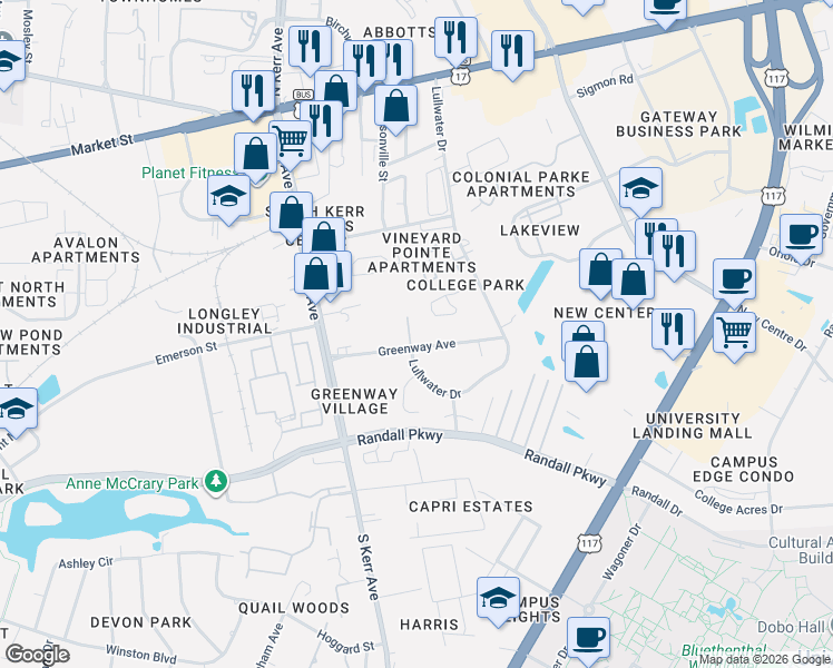 map of restaurants, bars, coffee shops, grocery stores, and more near 206 Cedar Branch Lane in Wilmington