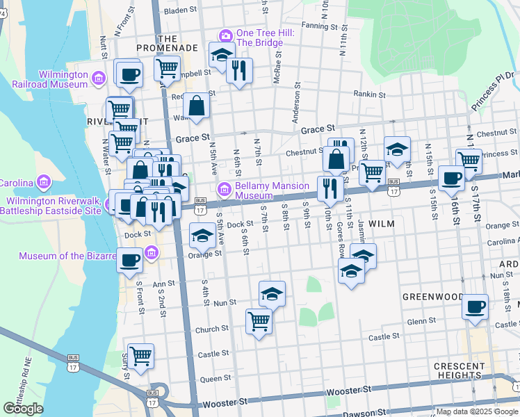 map of restaurants, bars, coffee shops, grocery stores, and more near 601-615 Market St in Wilmington
