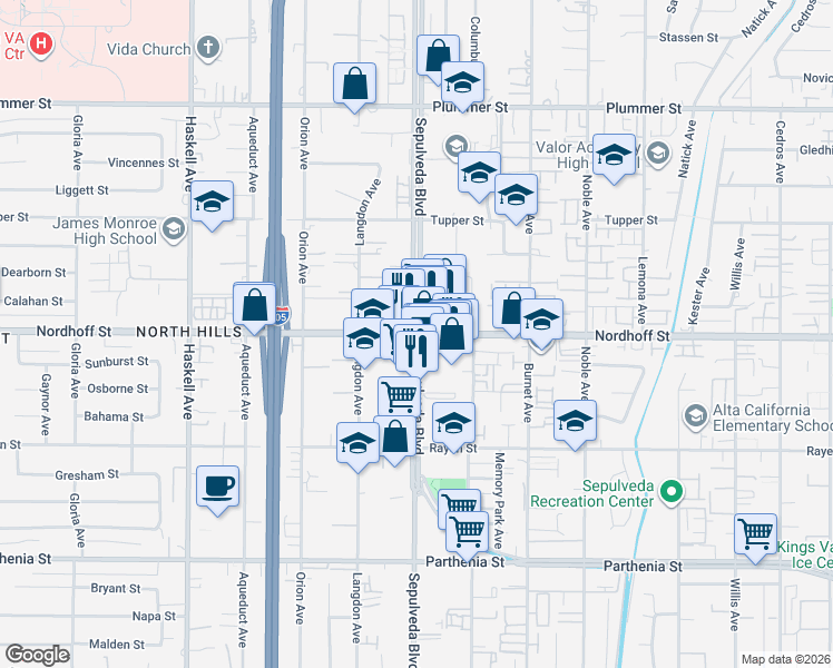 map of restaurants, bars, coffee shops, grocery stores, and more near 9100 Sepulveda Boulevard in Los Angeles