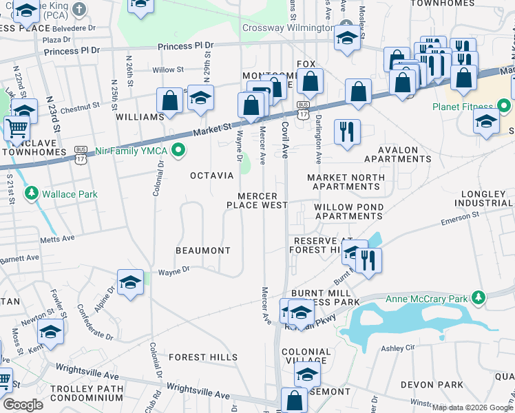 map of restaurants, bars, coffee shops, grocery stores, and more near 201 Mercer Avenue in Wilmington