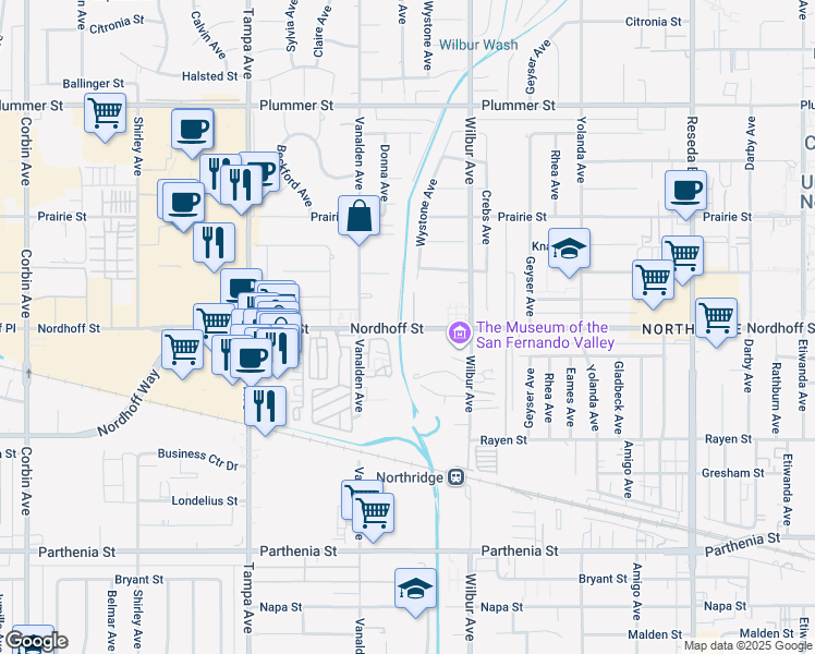 map of restaurants, bars, coffee shops, grocery stores, and more near 9103 North Wystone Avenue in Los Angeles