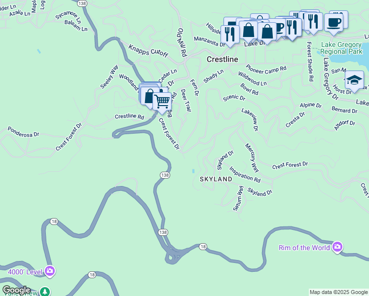 map of restaurants, bars, coffee shops, grocery stores, and more near 969 Fern Drive in Crestline