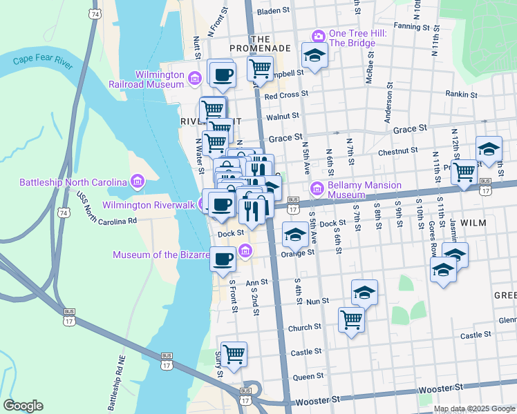 map of restaurants, bars, coffee shops, grocery stores, and more near 257 Market Street in Wilmington