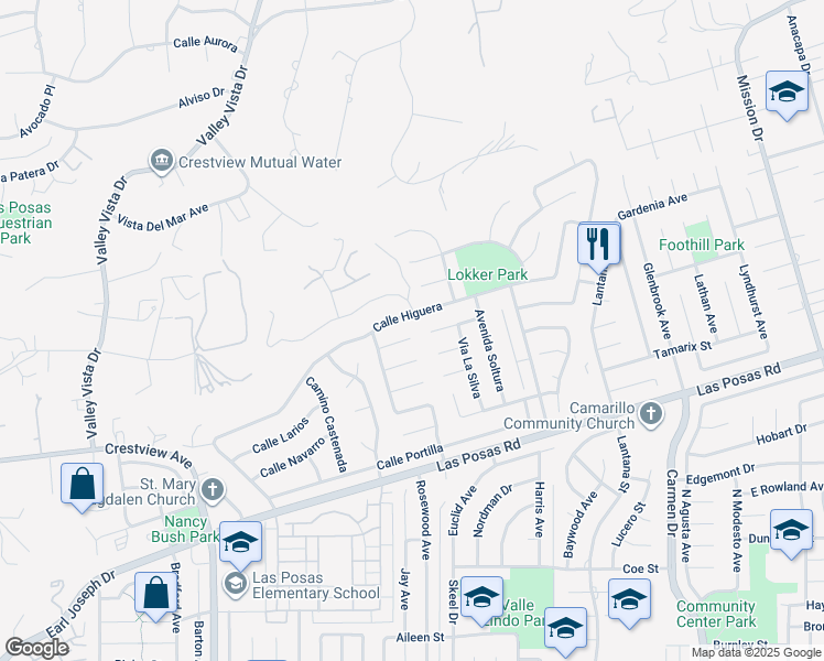 map of restaurants, bars, coffee shops, grocery stores, and more near 577 Corte Colina in Camarillo