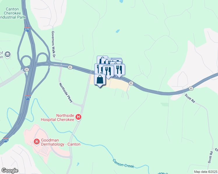map of restaurants, bars, coffee shops, grocery stores, and more near 2034 Cumming Highway in Canton
