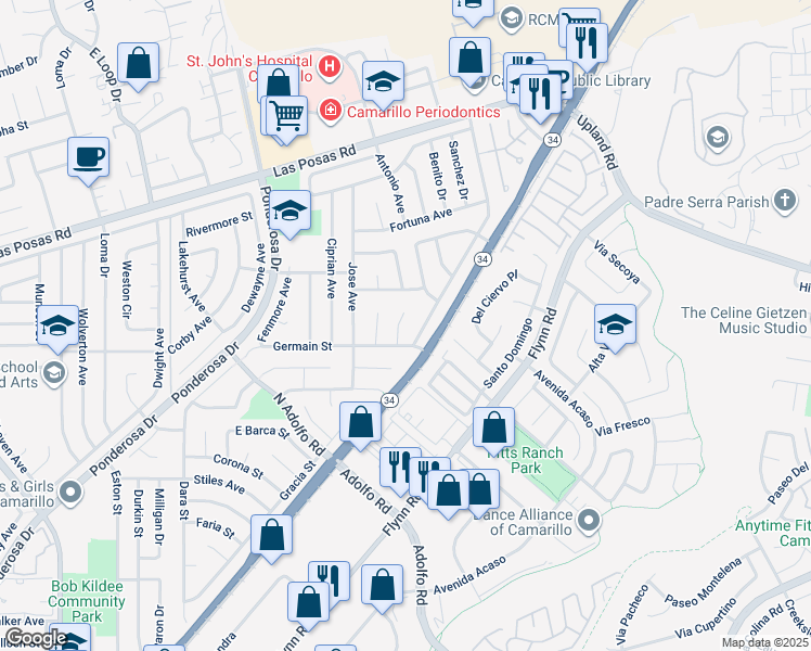 map of restaurants, bars, coffee shops, grocery stores, and more near 1742 Forar Circle in Camarillo