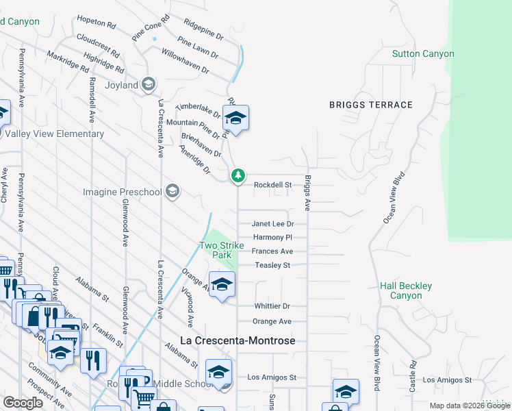 map of restaurants, bars, coffee shops, grocery stores, and more near 5310 Rosemont Avenue in La Crescenta-Montrose