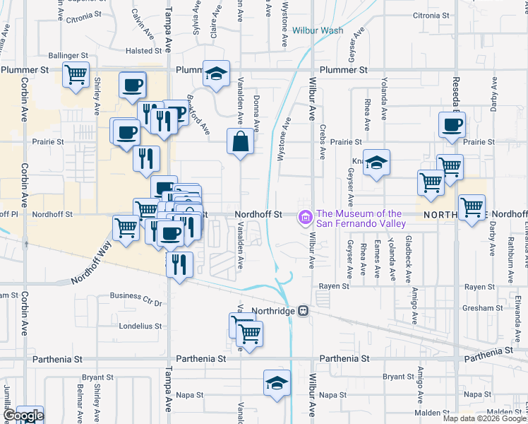 map of restaurants, bars, coffee shops, grocery stores, and more near 19039 Nordhoff Street in Los Angeles
