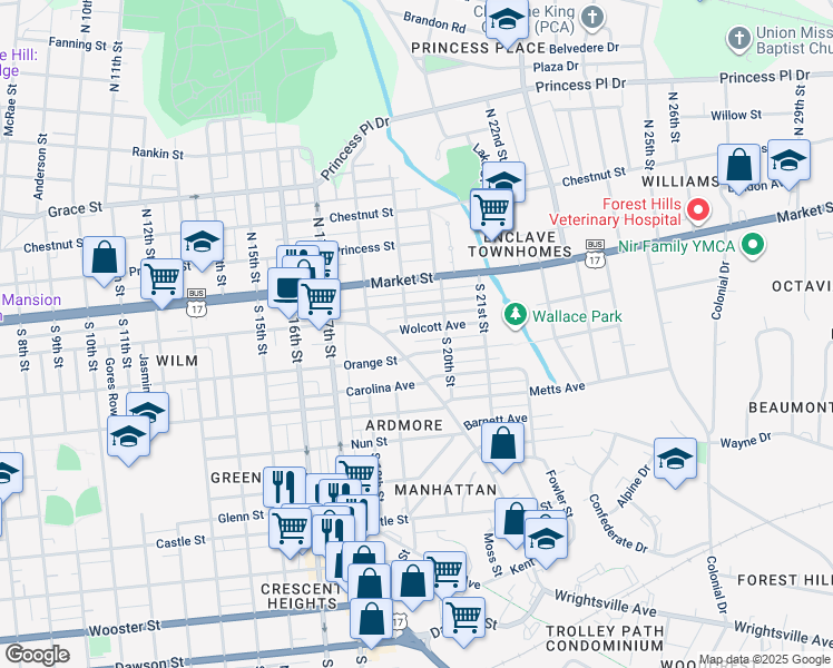 map of restaurants, bars, coffee shops, grocery stores, and more near 1917 Wolcott Avenue in Wilmington