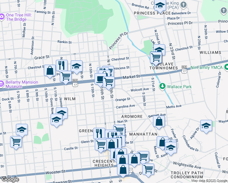 map of restaurants, bars, coffee shops, grocery stores, and more near 1713 Wrightsville Ave in Wilmington