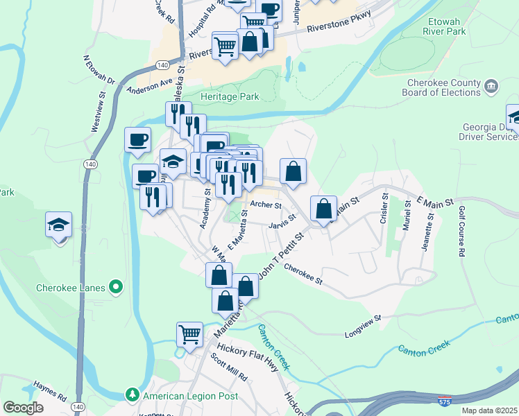 map of restaurants, bars, coffee shops, grocery stores, and more near 251 Archer Street in Canton
