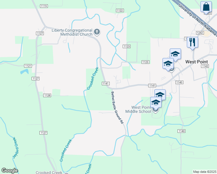 map of restaurants, bars, coffee shops, grocery stores, and more near 4878 County Road 1141 in West Point