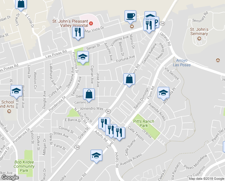 map of restaurants, bars, coffee shops, grocery stores, and more near 1742 Forar Circle in Camarillo