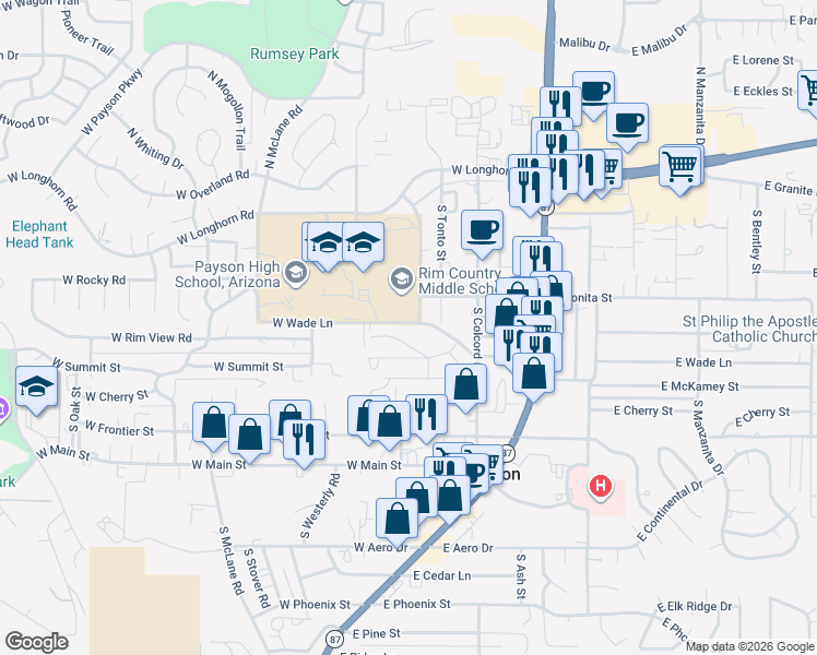 map of restaurants, bars, coffee shops, grocery stores, and more near 313 West Wade Lane in Payson