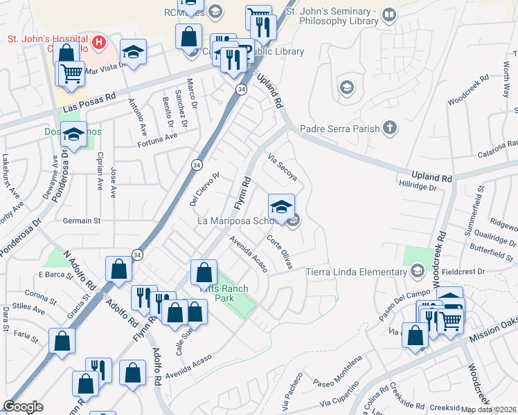 map of restaurants, bars, coffee shops, grocery stores, and more near 1668 Paseo Maravilla in Camarillo
