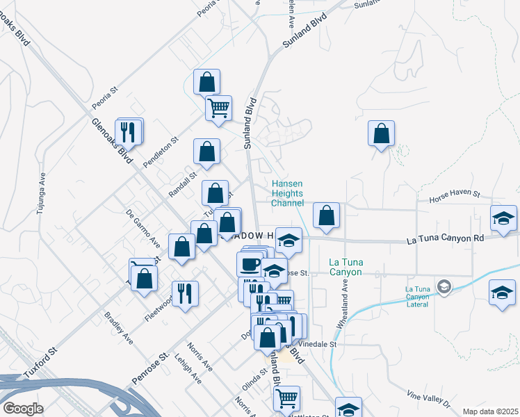 map of restaurants, bars, coffee shops, grocery stores, and more near 9116 Sunland Boulevard in Los Angeles