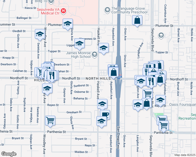 map of restaurants, bars, coffee shops, grocery stores, and more near 16001 Tuba Street in Los Angeles