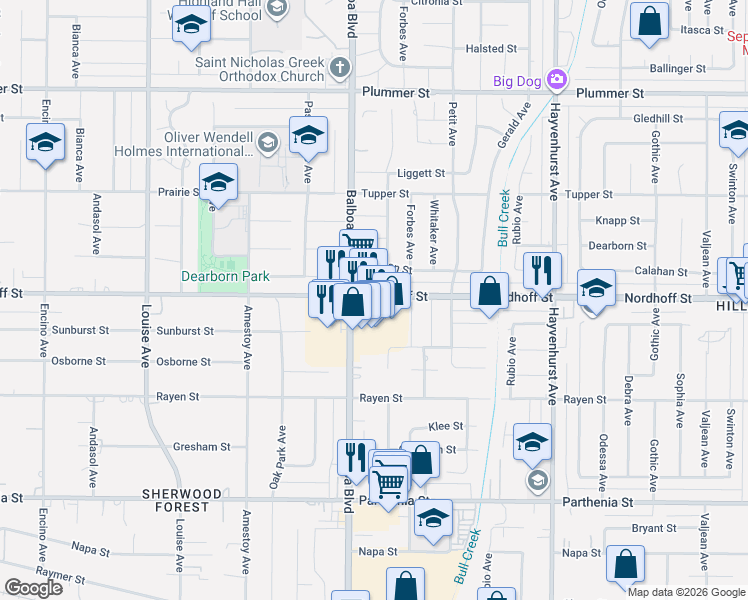 map of restaurants, bars, coffee shops, grocery stores, and more near 16940 Nordhoff Street in Los Angeles