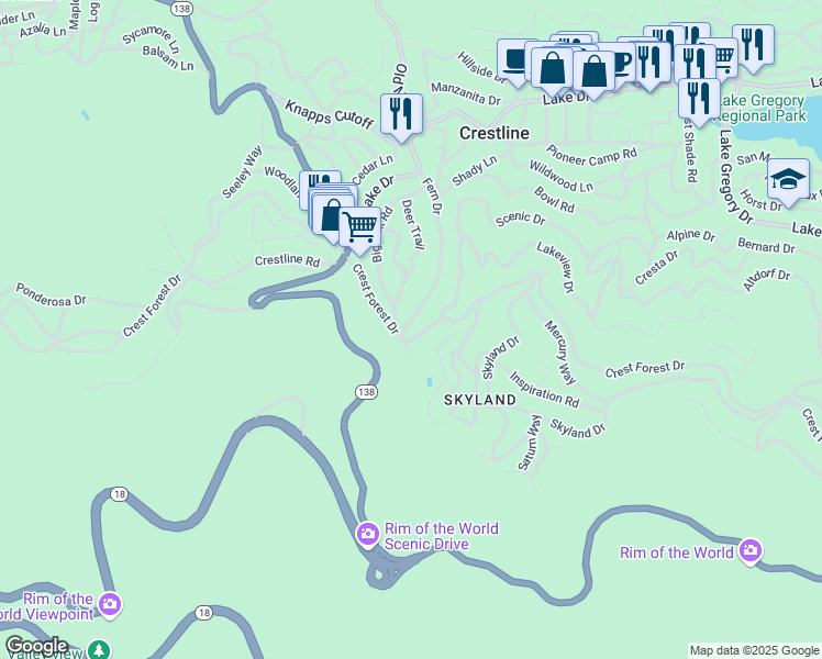map of restaurants, bars, coffee shops, grocery stores, and more near 969 Fern Drive in Crestline