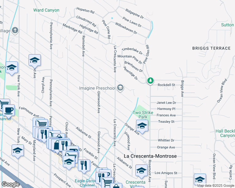 map of restaurants, bars, coffee shops, grocery stores, and more near 2764 Frances Avenue in La Crescenta-Montrose