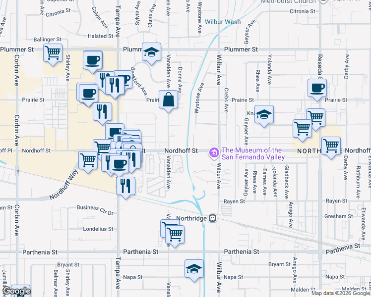 map of restaurants, bars, coffee shops, grocery stores, and more near 19039 Nordhoff Street in Los Angeles