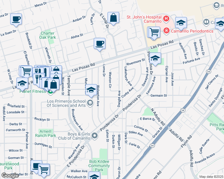 map of restaurants, bars, coffee shops, grocery stores, and more near 1772 Weston Circle in Camarillo