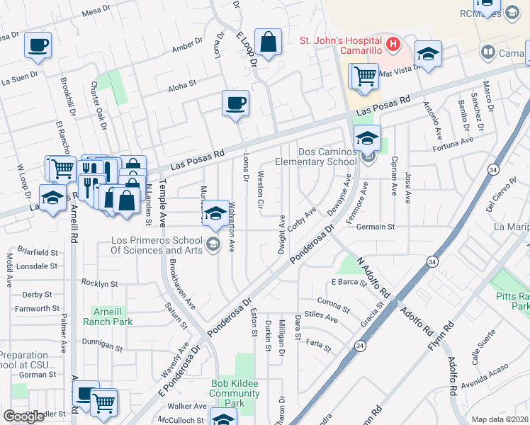 map of restaurants, bars, coffee shops, grocery stores, and more near 1772 Weston Circle in Camarillo
