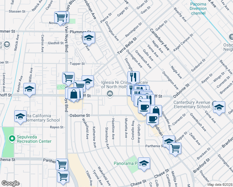 map of restaurants, bars, coffee shops, grocery stores, and more near 14241 Nordhoff Street in Los Angeles