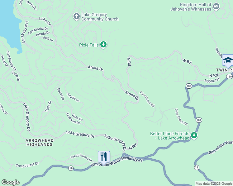 map of restaurants, bars, coffee shops, grocery stores, and more near 989 Calanda Drive in Crestline