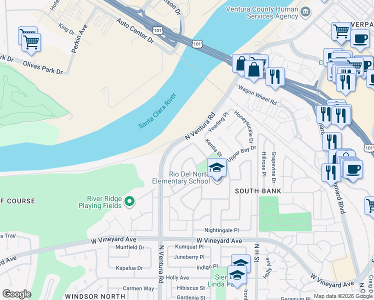 map of restaurants, bars, coffee shops, grocery stores, and more near 2644 Northbrook Drive in Oxnard