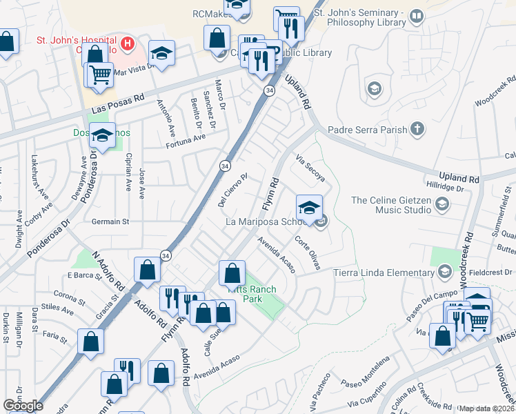 map of restaurants, bars, coffee shops, grocery stores, and more near 1932 Santo Domingo in Camarillo