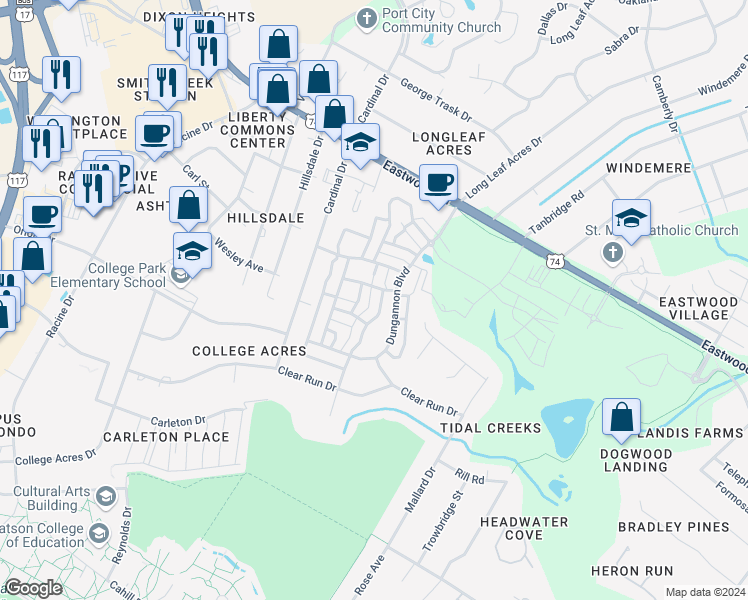 map of restaurants, bars, coffee shops, grocery stores, and more near Striking Island Drive in Wilmington
