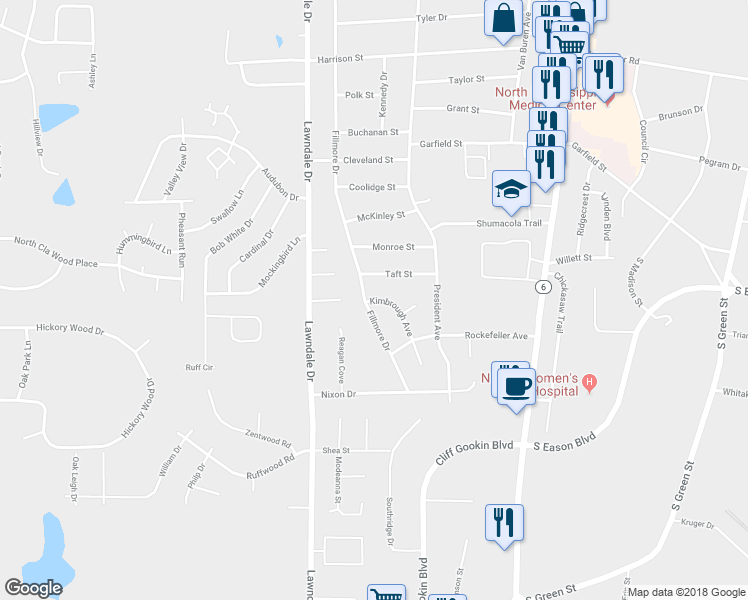 map of restaurants, bars, coffee shops, grocery stores, and more near 105 Kimbrough Avenue in Tupelo