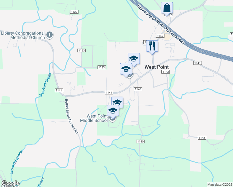 map of restaurants, bars, coffee shops, grocery stores, and more near 4545 County Road 1141 in West Point