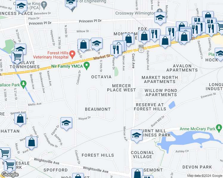 map of restaurants, bars, coffee shops, grocery stores, and more near 210 Wayne Drive in Wilmington