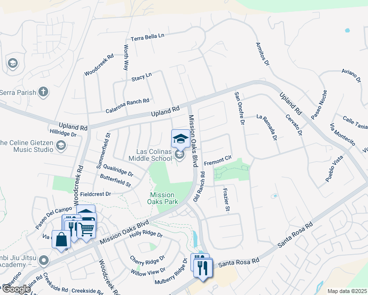 map of restaurants, bars, coffee shops, grocery stores, and more near 5821 Fieldcrest Drive in Camarillo