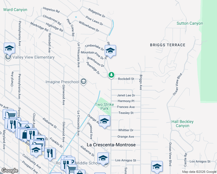 map of restaurants, bars, coffee shops, grocery stores, and more near 2617 Upper Terrace in La Crescenta-Montrose