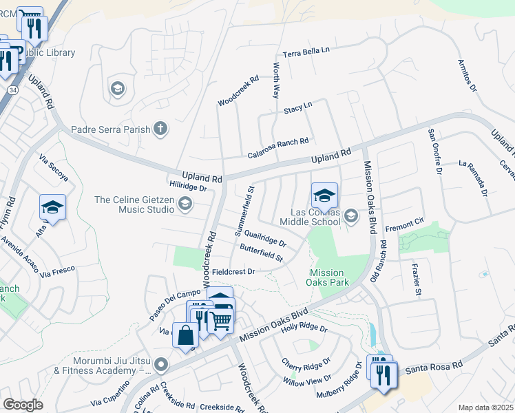 map of restaurants, bars, coffee shops, grocery stores, and more near 1821 Ridgewood Drive in Camarillo