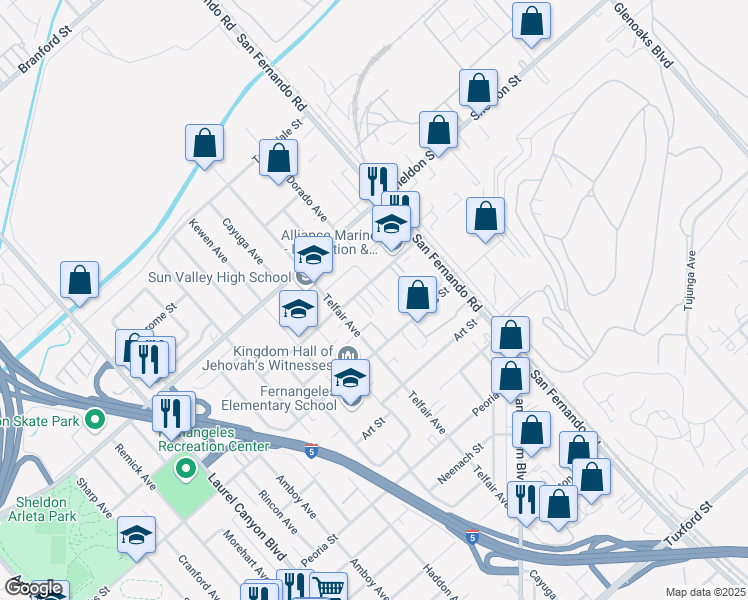 map of restaurants, bars, coffee shops, grocery stores, and more near 11970 Allegheny Street in Los Angeles