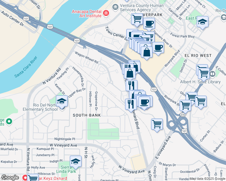 map of restaurants, bars, coffee shops, grocery stores, and more near 2651 Wagon Wheel Road in Oxnard